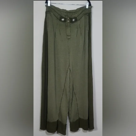 Free People Half Court Wide Leg Pants Size L Olive Green Pockets Boho Elastic - Picture 2 of 16